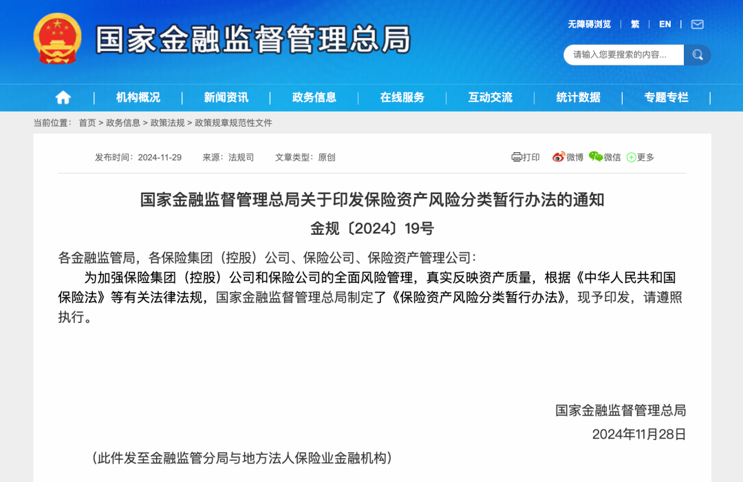 金融监管总局印发《保险资产风险分类暂行办法》